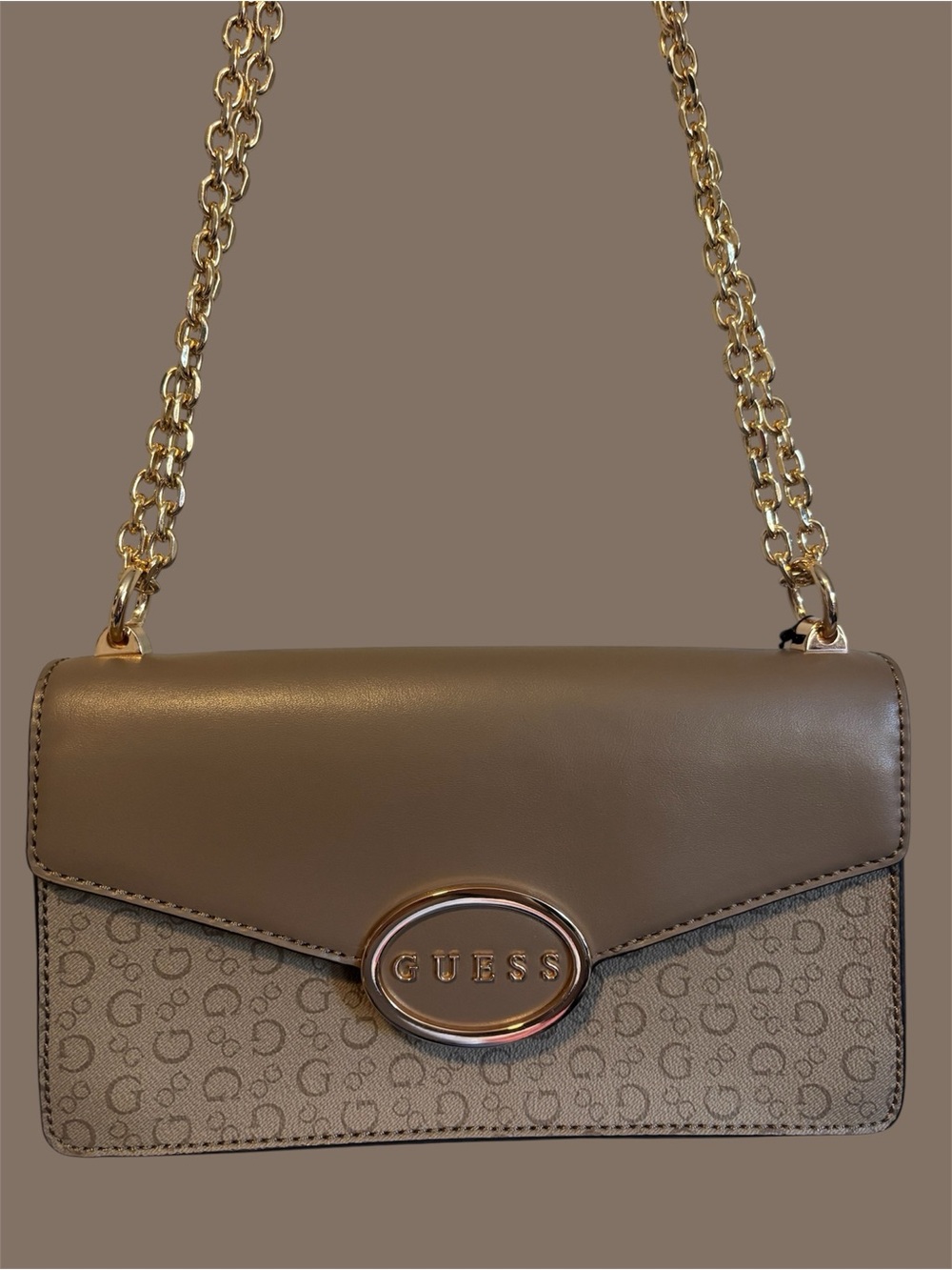 GUESS Taupe Chain Crossbody with Logo Plaque